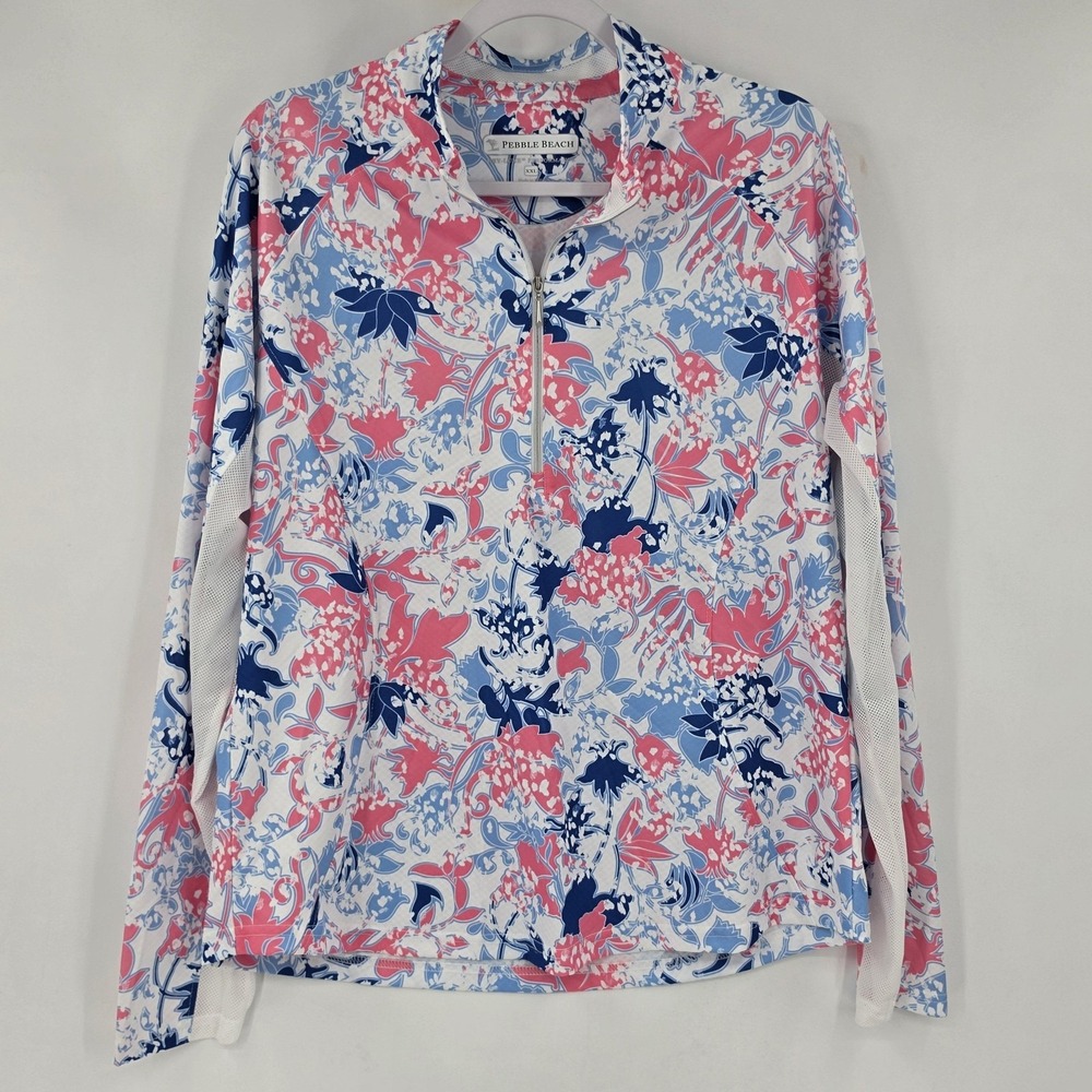 Pebble Beach Pullover Womens XXL Pink Blue Floral Quarter Zip Golf Dry-Luxe